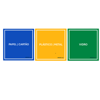 Stickers for Kubai 10L trash can showing categories for recycling: blue for paper, yellow for plastic and metal, green for glass.